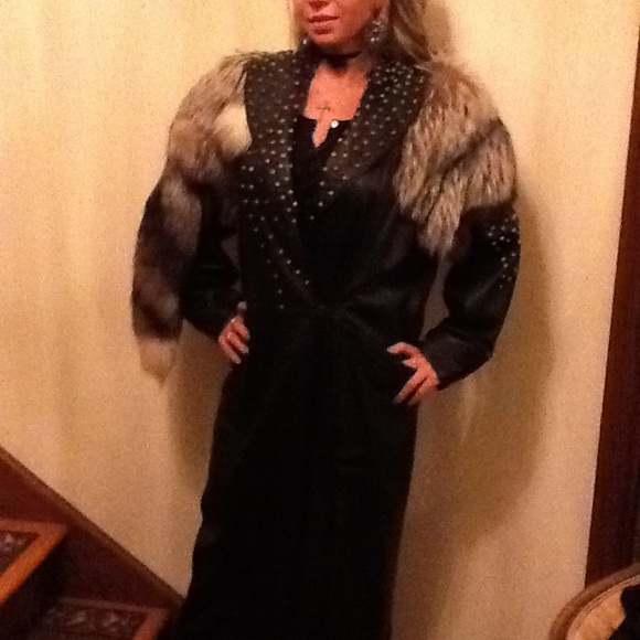 Studded Black Leather with Fox long coat to below the knee - Picture 2 of 4